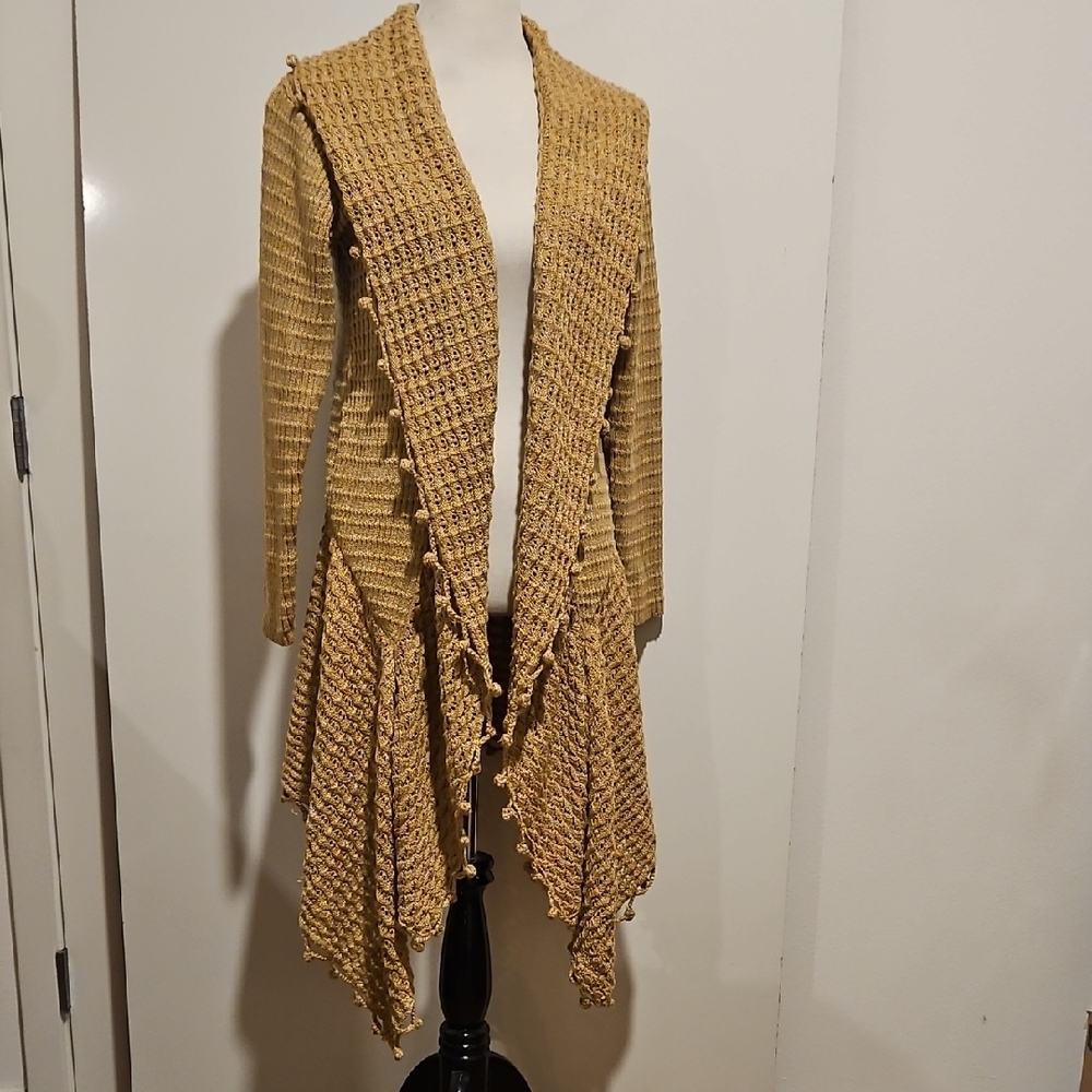 Beige Tan Knit Cardigan Pom Pom Trim Drape Collar Swing Autumn Cozy OS See Below
